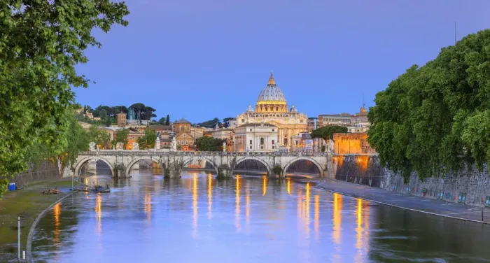Framed Print : Italy, Rome, St. Peter Basilica by night reflecting on Tevere river
