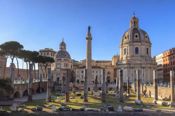 Framed Print : Italy, Rome, Traian forum along Fori Imperial street, with Santa Maria di Loreto church