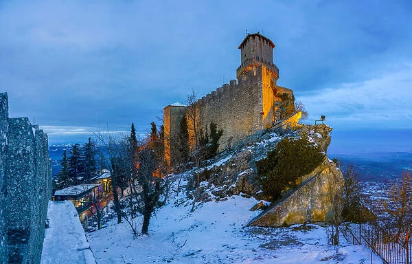 Italy, San Marino, The old rock in Winter