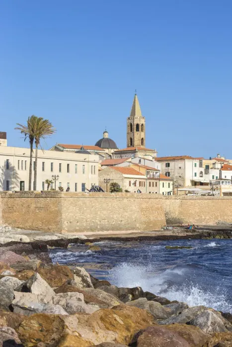 Framed Print : Italy, Sardinia, Alghero, View of ancient city walls and the historical center