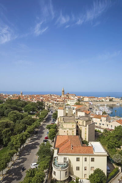 Italy, Sardinia, Alghero, View of over harbour towards historical center
