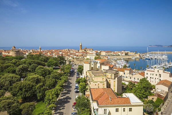Italy, Sardinia, Alghero, View of over harbour towards historical center