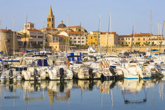 Framed Print : Italy, Sardinia, Alghero, View of harbour and the historical center Framed Print : Italy, Sardinia, Alghero, View of harbour and the historical center