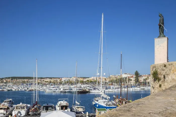 Framed Print : Italy, Sardinia, Alghero, View of harbour and St Elmo statue Framed Print : Italy, Sardinia, Alghero, View of harbour and St Elmo statue
