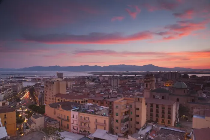 Framed Print : Italy, Sardinia, Cagliari, Stampace district and Chiesa de Sant Anna church, dusk