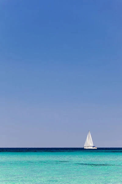 Italy, Sardinia, Olbia-Tempo, Berchidda. A sailing boat out at sea