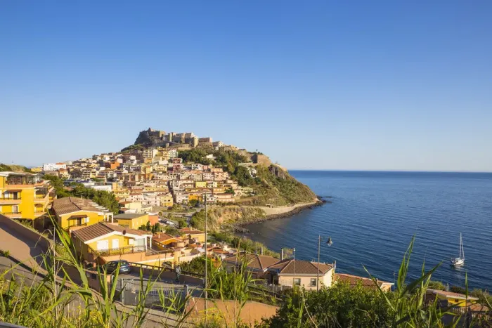 Framed Print : Italy, Sardinia, Sassari Province, Castelsardo, View over marina towards ancient castle Framed Print : Italy, Sardinia, Sassari Province, Castelsardo, View over marina towards ancient castle