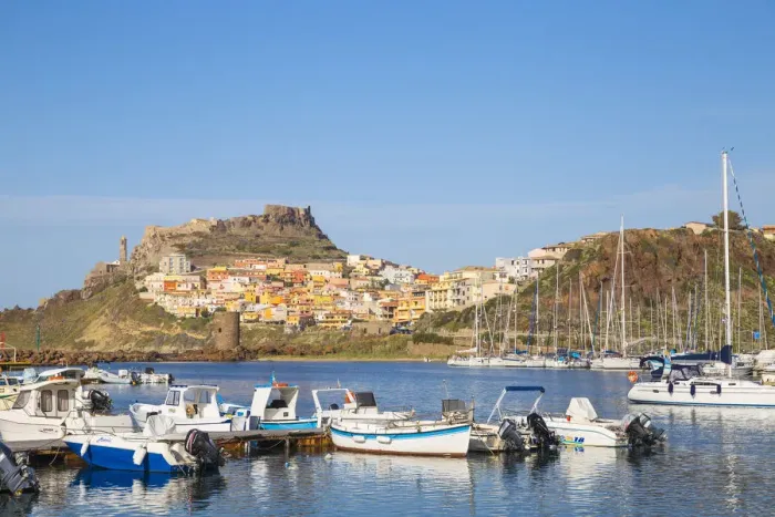 Framed Print : Italy, Sardinia, Sassari Province, Castelsardo, View over marina towards the ancient