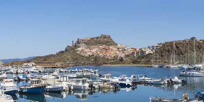 Framed Print : Italy, Sardinia, Sassari Province, Castelsardo, View over marina towards ancient castle Framed Print : Italy, Sardinia, Sassari Province, Castelsardo, View over marina towards ancient castle