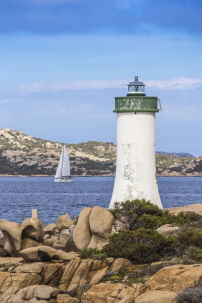 Italy, Sardinia, Sassari Province, Palau, Porto Faro Lighthouse with La Maddalena