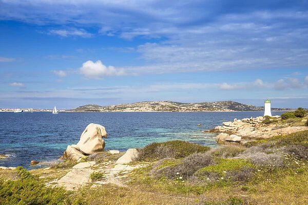 Italy, Sardinia, Sassari Province, Palau, Porto Faro Lighthouse with La Maddalena island