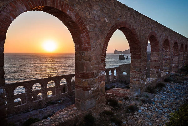 Italy, Sardinia, Sulcis-Iglesiente, Nebida. Sunset at washery Lamarmora ruins