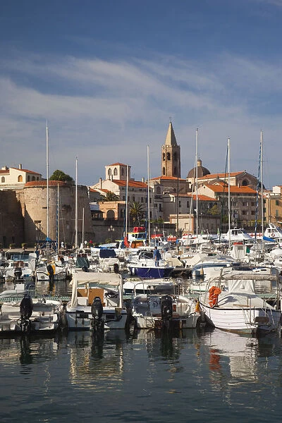 Italy, Sardinia, Western Sardinia, Alghero, city walls from the yacht marina, morning