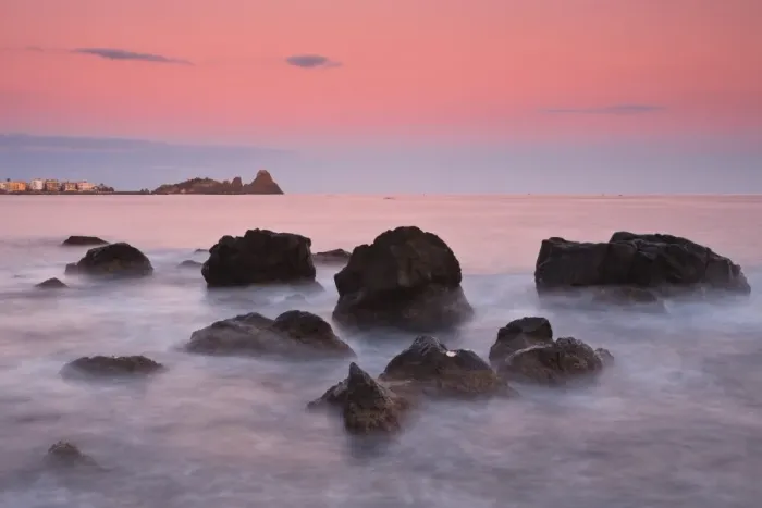 Framed Print : Italy, Sicilia, Sicily, Last light at dusk, in the background the Cyclopes stacks Framed Print : Italy, Sicilia, Sicily, Last light at dusk, in the background the Cyclopes stacks