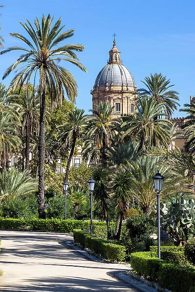 Italy, Sicily, Palermo, the Cathedral, a view of the dome of Palermo cathedral from a nearby park