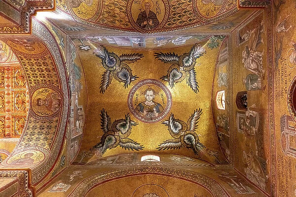 Italy, Sicily, Palermo, Monreale, Monreale Cathedral interior, ceiling depicting the Christ Pantocrator