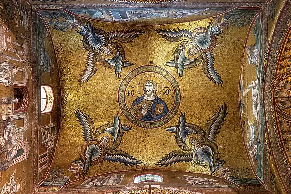 Italy, Sicily, Palermo, Monreale, Monreale Cathedral interior, ceiling depicting the Christ Pantocrator