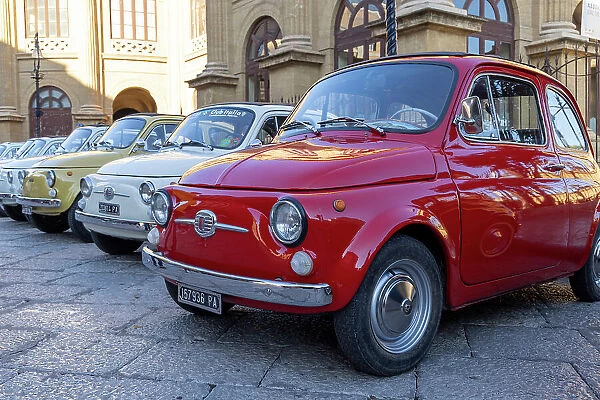 Italy, Sicily, Palermo, Teatro Massimo, vintage Fiats line the road by the Opera House