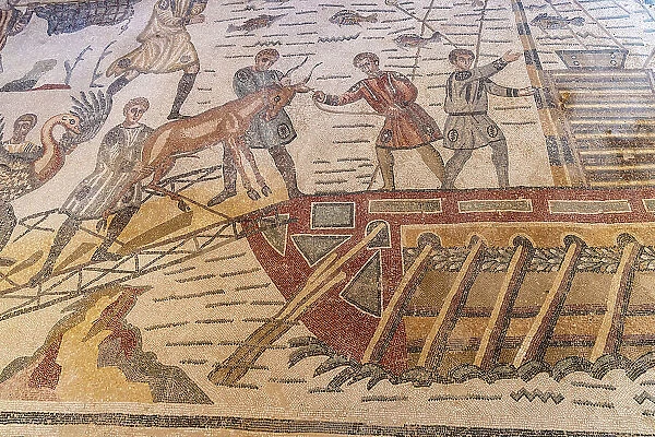 Italy, Sicily, Piazza Armerina, Villa Romana del Casale, Roman mosaics depicting animals being loaded onto a boat