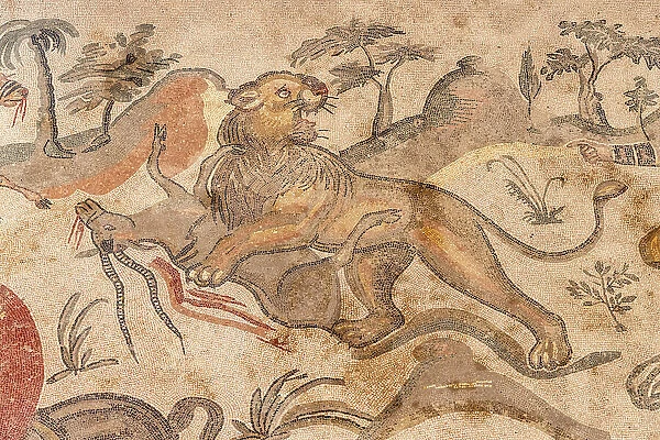 Italy, Sicily, Piazza Armerina, Villa Romana del Casale, Roman mosaics, a lion catches a gazelle