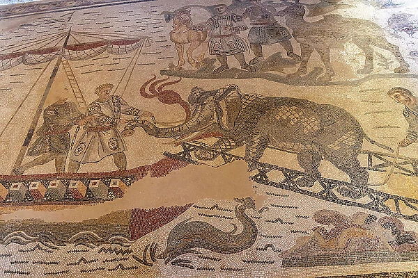 Italy, Sicily, Piazza Armerina, Villa Romana del Casale, Roman mosaics depicting an elephant being loaded onto a ship