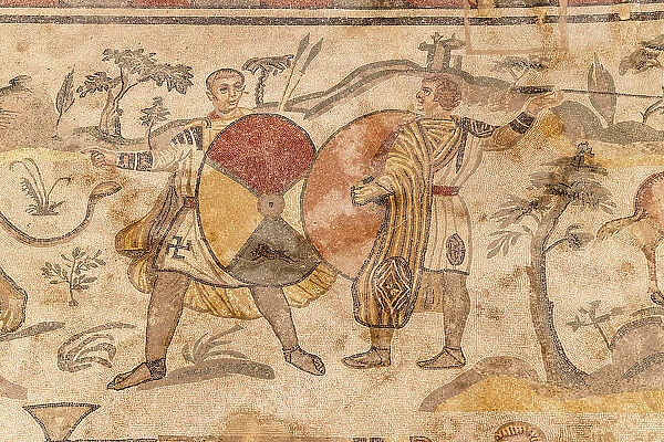 Italy, Sicily, Piazza Armerina, Villa Romana del Casale, Roman mosaics depicting two men in combat
