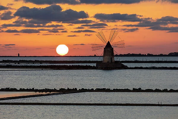 Italy, Sicily, Trapani, Marsala, a windmill on the salt pans