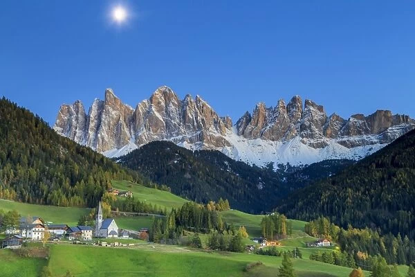 Italy, Trentino Alto Adige, South Tyrol Region, Night view of Val di Funes and Santa