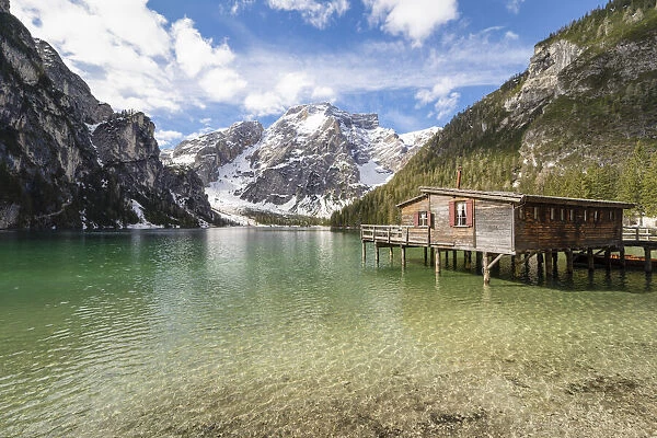 Italy, Trentino, Dolomites: morning reflections on the Braies Lake