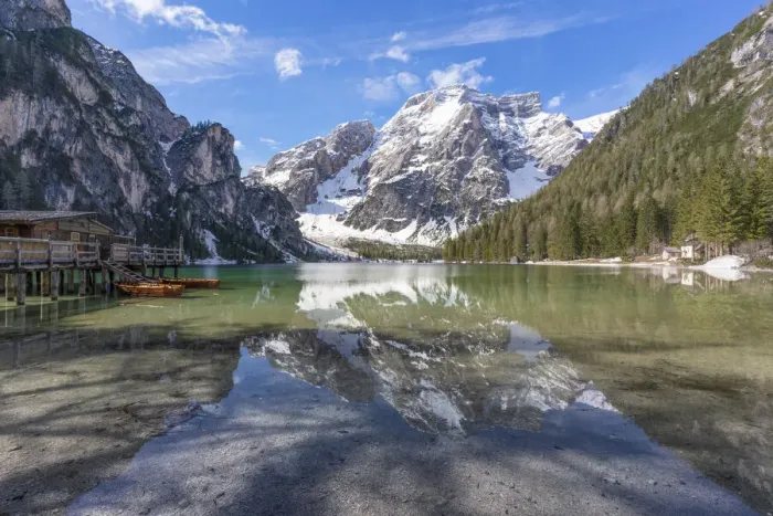 Framed Print : Italy, Trentino, Dolomites: morning reflections on the Braies Lake