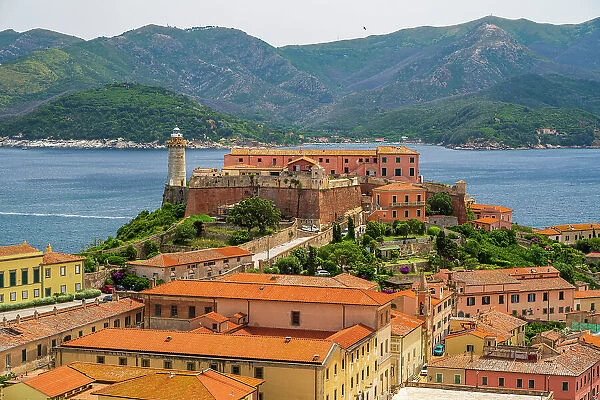 Italy, Tuscany, Elba. View towards the fort of Portoferraio and the lighthouse