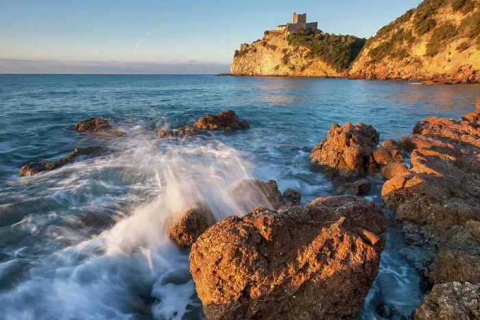 Framed Print : Italy, Tuscany, Mediterranean Sea, morning light, castle, near Castiglione della Pescaia Framed Print : Italy, Tuscany, Mediterranean Sea, morning light, castle, near Castiglione della Pescaia