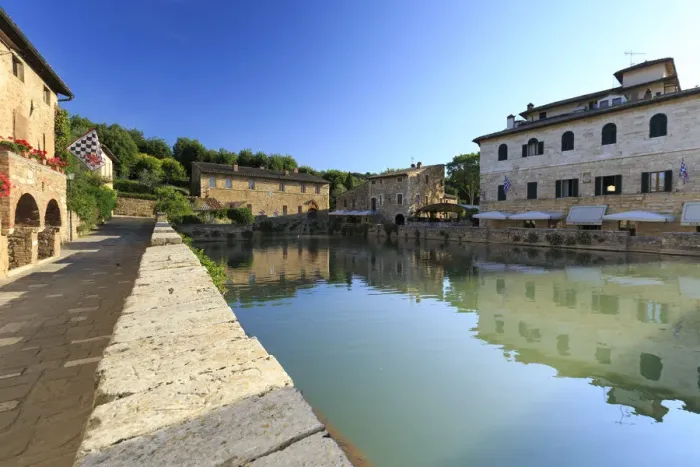Framed Print : Italy, Tuscany, Orcia Valley, Bagno Vignoni, historic thermal bath in the center of