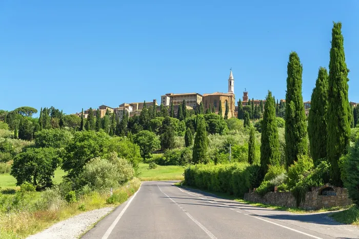 Framed Print : Italy, Tuscany, road leading to a hilltop town in Val d'Orcia Framed Print : Italy, Tuscany, road leading to a hilltop town in Val d'Orcia