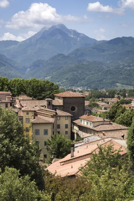 Framed Print : Italy, Tuscany, Serchio Valley, View of Barga and of the Apuane Alps on the background Framed Print : Italy, Tuscany, Serchio Valley, View of Barga and of the Apuane Alps on the background