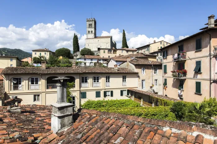 Framed Print : Italy, Tuscany, Serchio Valley, View of the cathedral of Barga from a terrace in Framed Print : Italy, Tuscany, Serchio Valley, View of the cathedral of Barga from a terrace in