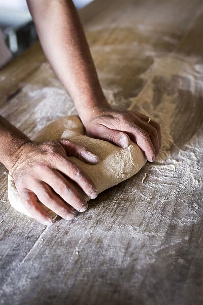 Italy, Tuscany, Serchio Valley, A baker kneading spelt dough