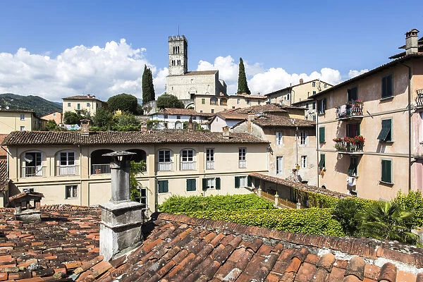 Italy, Tuscany, Serchio Valley, View of the cathedral of Barga from a terrace in the
