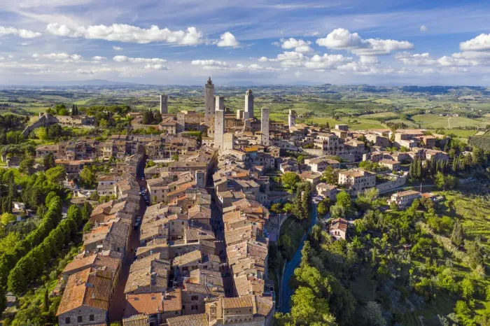 Framed Print : Italy, Tuscany, Val d Elsa. Aerial view of the medieval village of San Gimignano Framed Print : Italy, Tuscany, Val d Elsa. Aerial view of the medieval village of San Gimignano