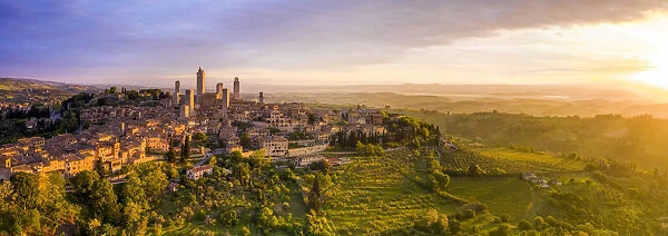 Italy, Tuscany, Val d Elsa. Panoramic aerial view of the medieval village of San Gimignano