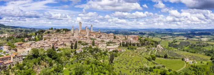 Framed Print : Italy, Tuscany, Val d Elsa. Panoramic aerial view of the medieval village of San Gimignano Framed Print : Italy, Tuscany, Val d Elsa. Panoramic aerial view of the medieval village of San Gimignano