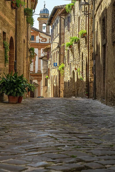 Italy, Umbria. A little ancient street made with cobblestones in the town centre of Bevagna