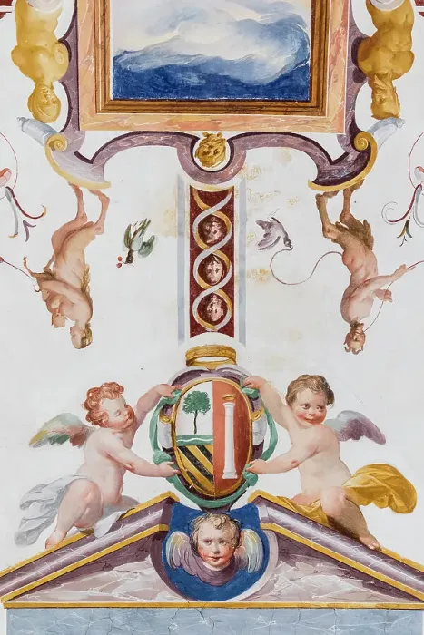 Framed Print : Italy, Umbria, Perugia, Colle Umberto, Villa of the Cardinals Hill, Fresco with the coat of arms of the Cornia-Colonna family in the Marquis Room