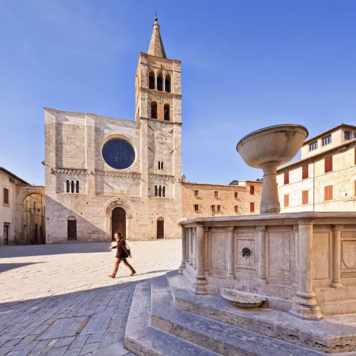 Framed Print : Italy, Umbria, Perugia district, Bevagna. Piazza Silvestri and San Michele Cathedral