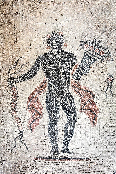 Italy, Umbria, Perugia, Spello, Villa of Mosaics, Mosaic representing the Spring with a cornucopia in the triclinium
