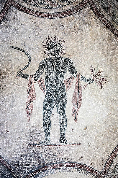 Italy, Umbria, Perugia, Spello, Villa of Mosaics, Mosaic representing the wine pouring in the triclinium