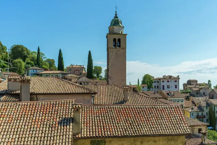 Framed Print : Italy, Veneto. Asolo, view above the roofs towards the tower of the cathedral Framed Print : Italy, Veneto. Asolo, view above the roofs towards the tower of the cathedral