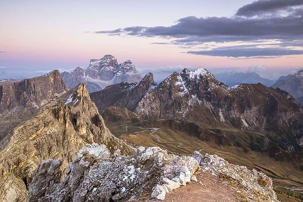 Italy, Veneto, Belluno district, mount Averau, high angle view of Giau pass, Cernera group