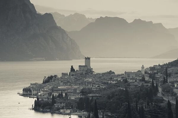 Italy, Veneto, Lake District, Lake Garda, Malcesine, aerial town view