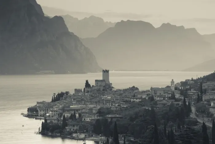 Framed Print : Italy, Veneto, Lake District, Lake Garda, Malcesine, aerial town view Framed Print : Italy, Veneto, Lake District, Lake Garda, Malcesine, aerial town view